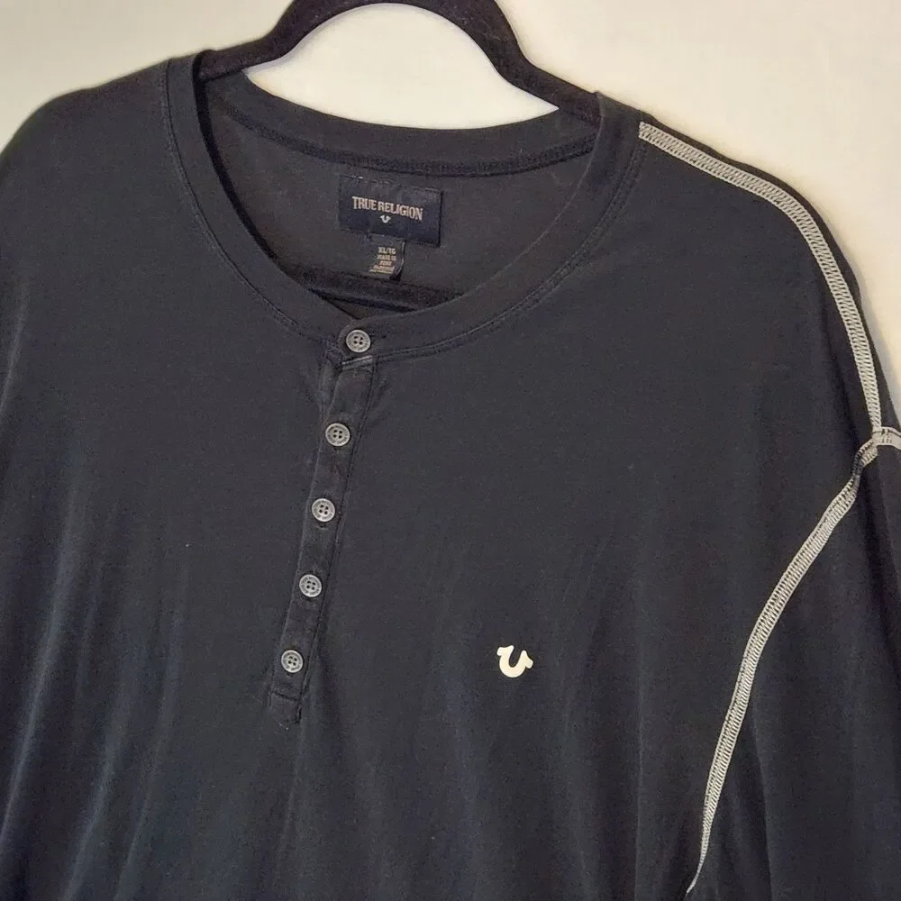 True Religion Pima Cotton Henley Shirt Mens XL Black Long Sleeve Contrast Stitch